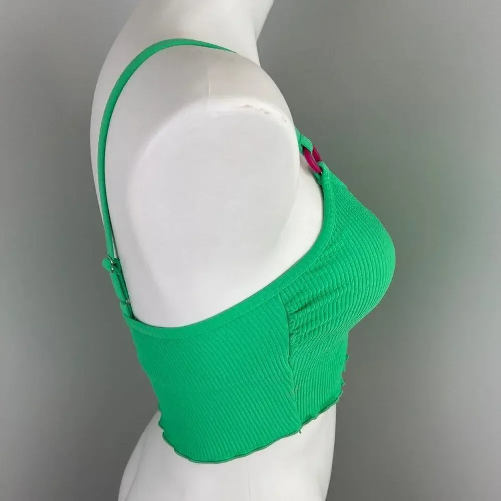 SALT + COVE Women Green Stretch Ruffled O-Ring Textured Scoop Neck Swim Top